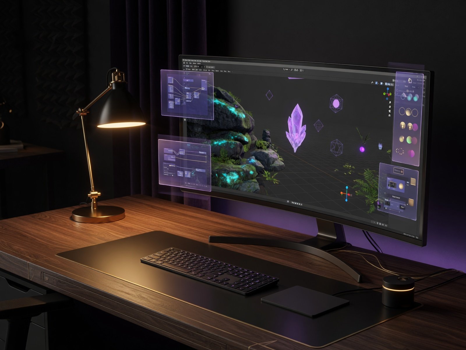 Dark creative workstation showing a cinematic scene editor with floating environment assets